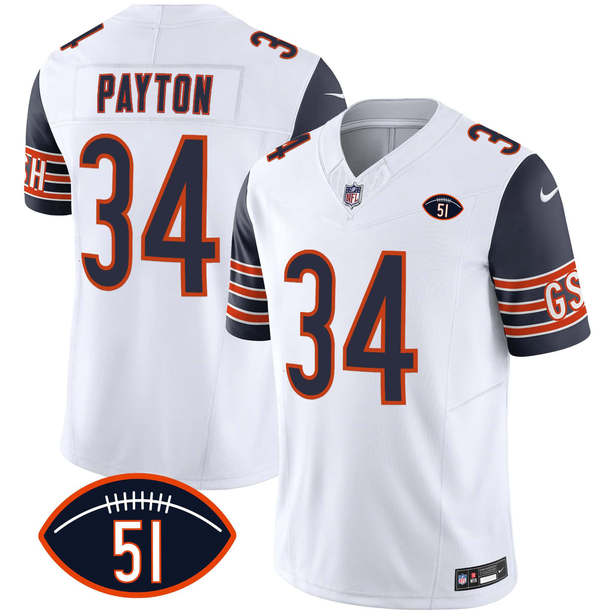 Men Chicago Bears 34 Payton White 2024 Nike Patch GSH Vapor NFL Jersey style 1